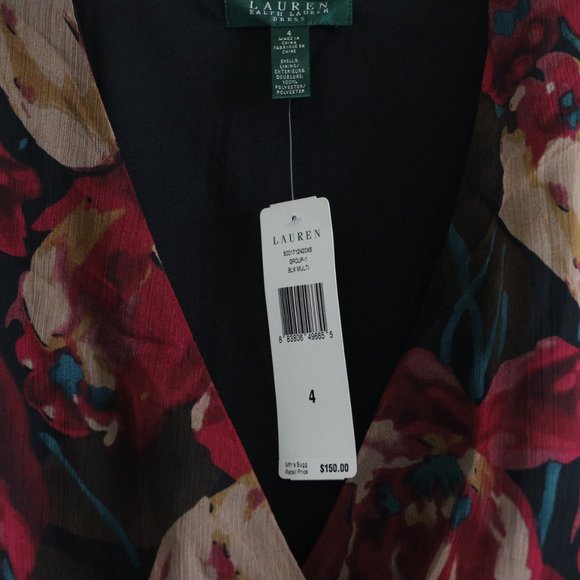 Ralph Lauren Dress Black Multi Floral V Neck 2 XS New - Picture 5 of 8